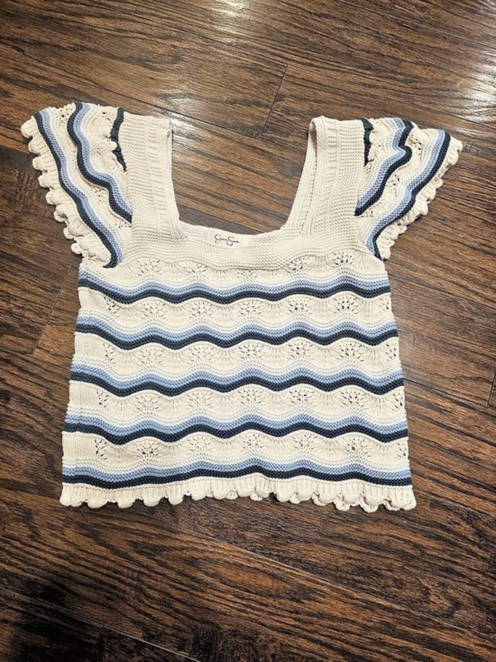 Jessica Simpson Cropped Striped Knit Sweater in Cream & Blue Size XL